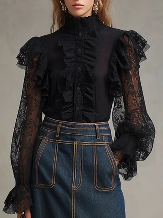 Chiffon Urban Plain Peplum Balloon Sleeve Shirt