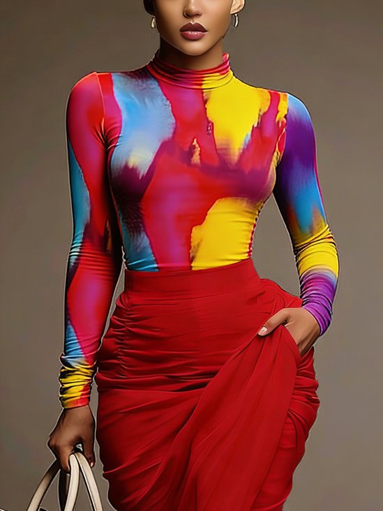 Elegant Random Print Printing Stand Collar T-shirt