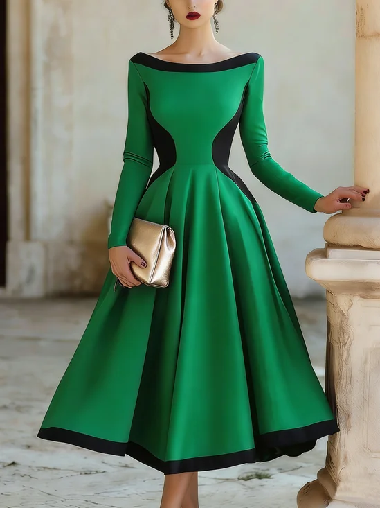 Elegant Color Block Split Joint Boat Neck Party Midi Dress