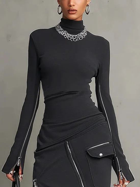 Casual Plain Zipper Mock Neck T-shirt