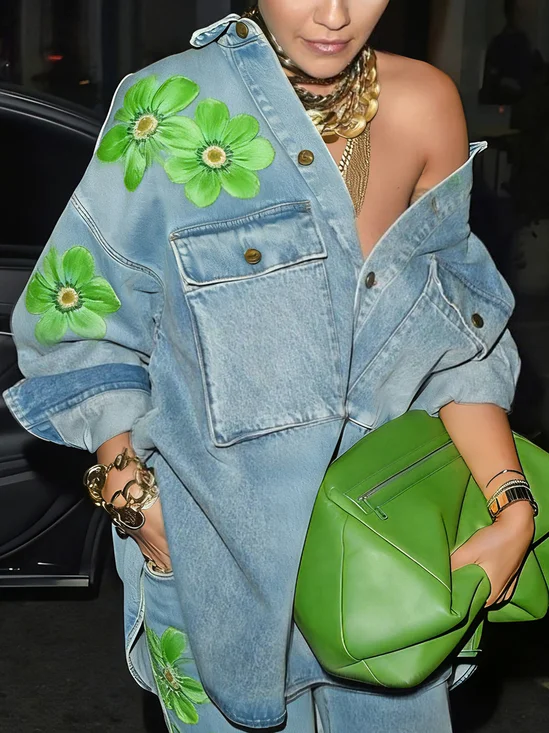 Casual Floral Buttoned Denim Shirt