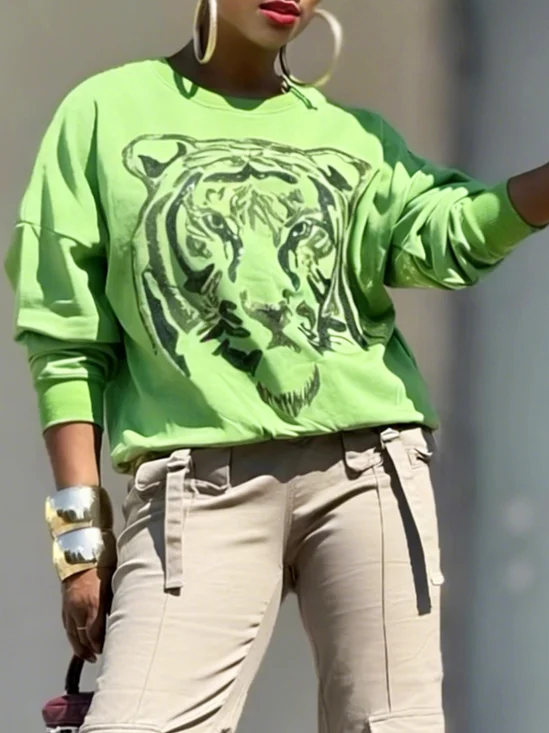 Casual Tiger Printing Crew Neck Raglan Sleeves Sweatshirt