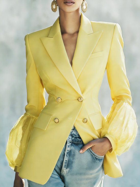 Urban Split Joint Mesh Plain Lapel Collar Blazer