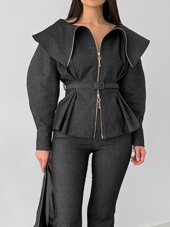 Urban Plain Shawl Collar Denim Jacket With Belt