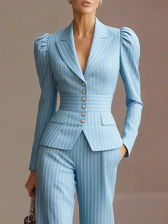 Elegant Puff Sleeve Printing Striped Lapel Collar Blazer