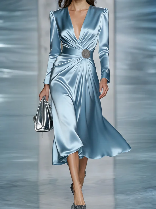 Elegant Plain V Neck Midi Dress