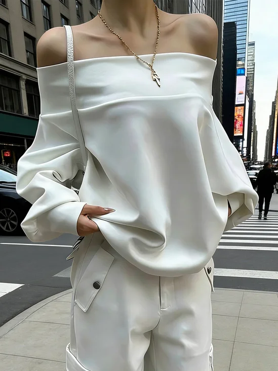 Cotton Elegant Plain Cold Shoulder Sweatshirt