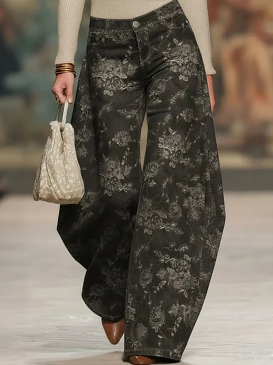 Casual Floral Printing Denim  Barrel Pants