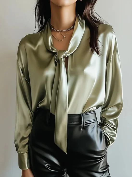 Satin Elegant Plain Tie V Neck Blouse