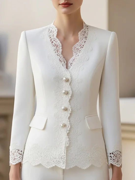Urban Buttoned Faux Pearl Plain Lace Jacket