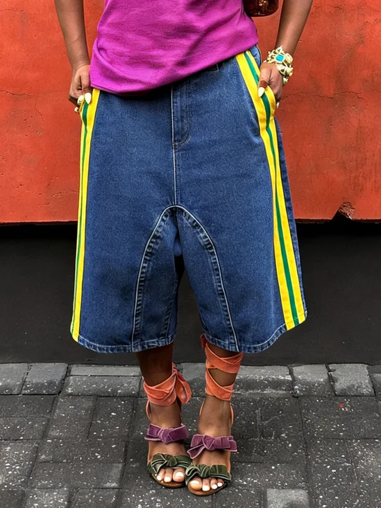 Color Block Loose Casual Denim Shorts