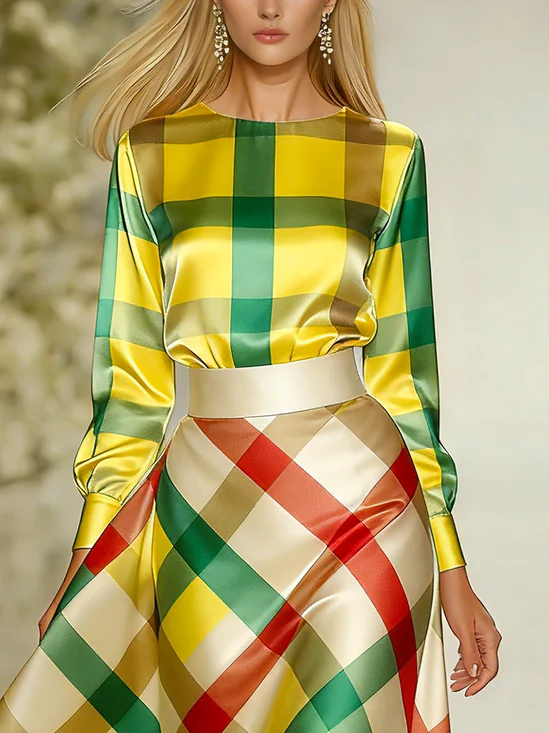 Satin Elegant Plaid Printing Crew Neck Blouse