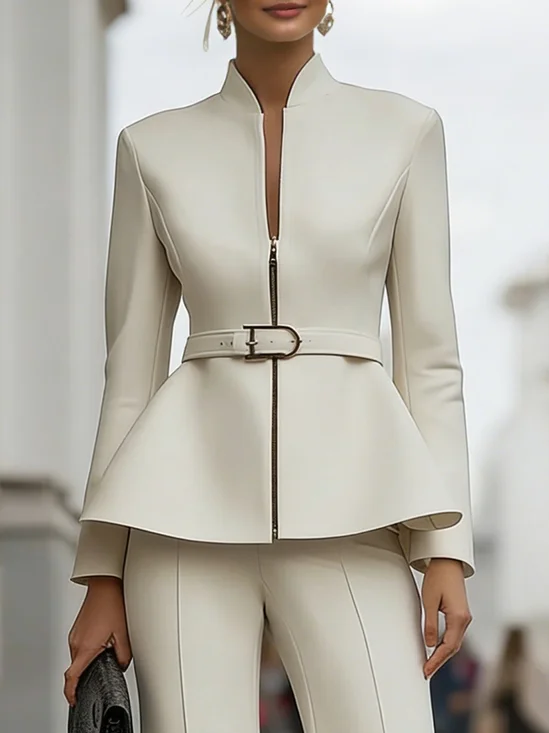 Urban Zipper  Plain Stand Collar Jacket With Belt