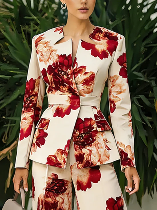 Elegant Printing Floral Notched Jacket