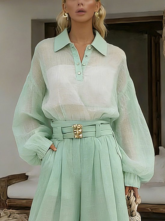 Cotton And Linen Casual Plain Polo Collar Balloon Sleeve Blouse