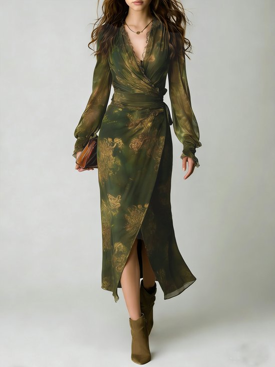 Vacation Floral  Printing V Neck Maxi Dress