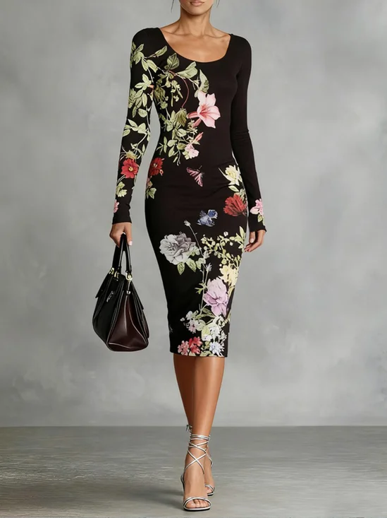 Elegant Floral  Printing Crew Neck Midi Dress