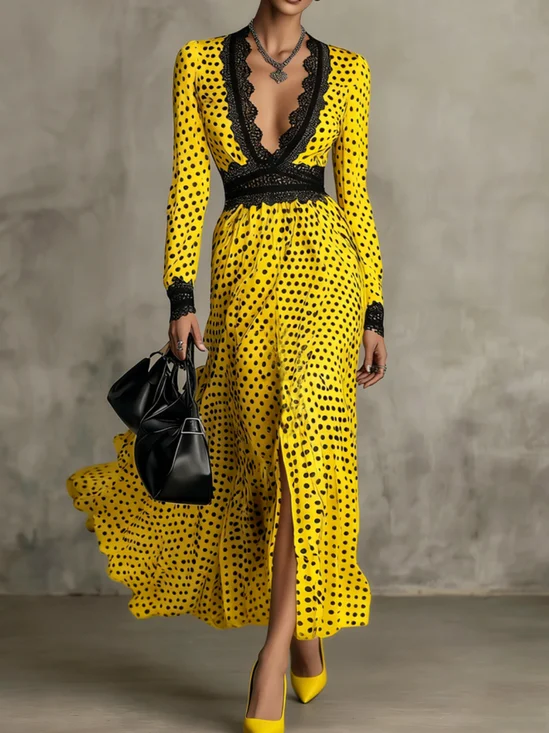 Elegant Polka Dots V Neck Maxi Dress