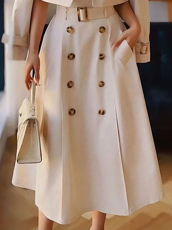 Elegant Buttoned Plain Midi Skirt With Belt