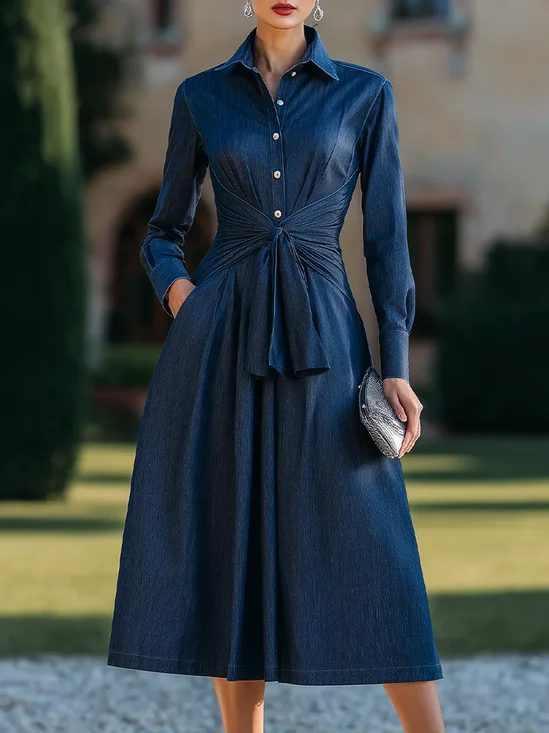Urban Plain Buttoned Shirt Collar Midi Dress