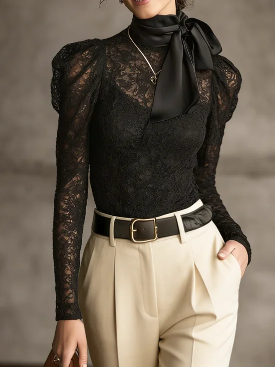 Lace Elegant Plain Mock Neck Blouse