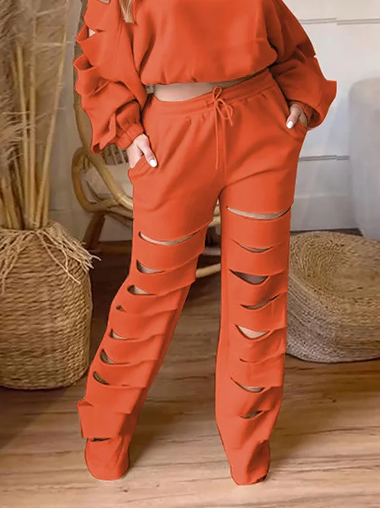 Casual Plain Hollow Out Wide Leg Pants