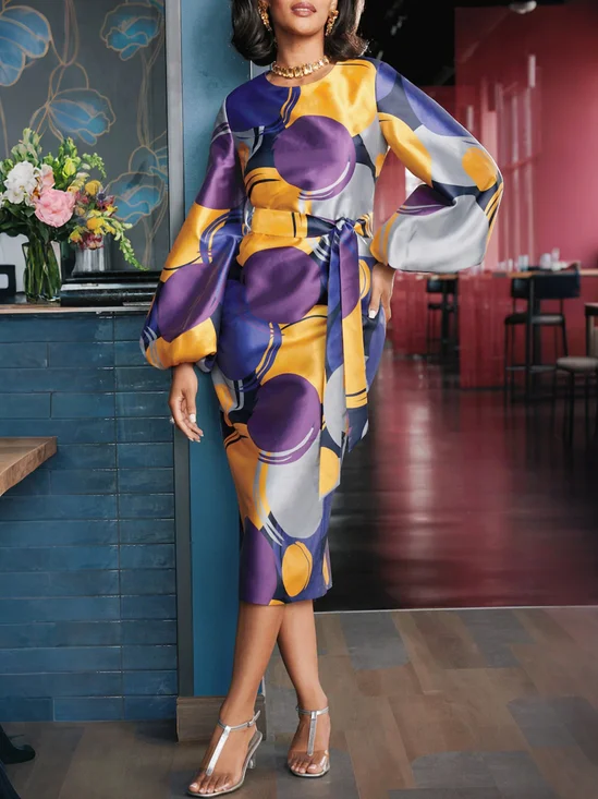 Elegant Geometric  Printing Crew Neck Midi Dress With Belt