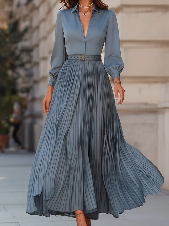 Elegant Plain Pleated Shirt Collar Maxi Dress No Belt