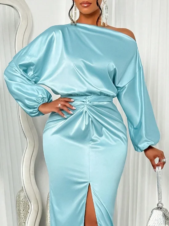Satin Elegant Plain Cold Shoulder Raglan Sleeves Blouse