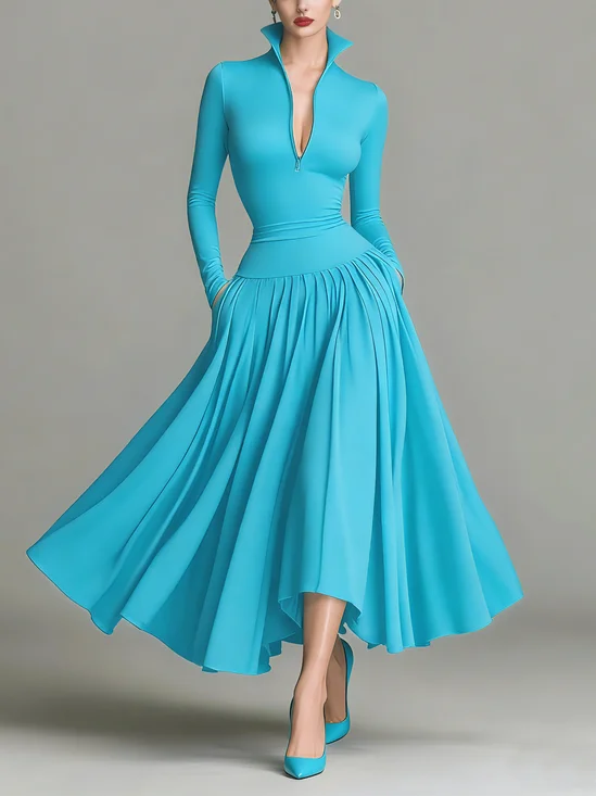 Elegant Plain Ruched Mock Neck Midi Dress