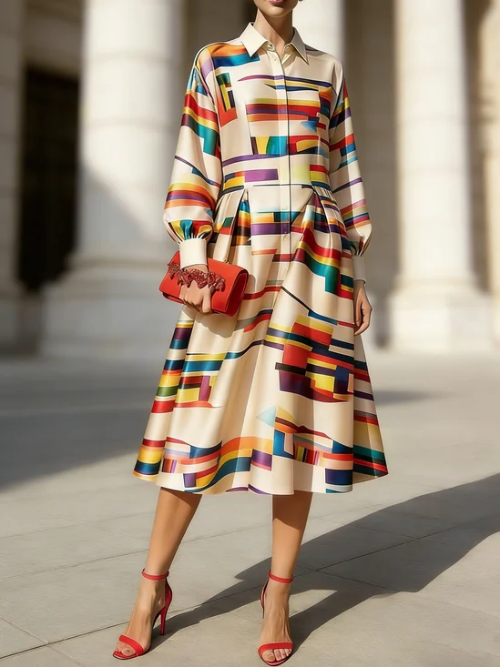 Urban Geometric Shirt Collar Midi Dress