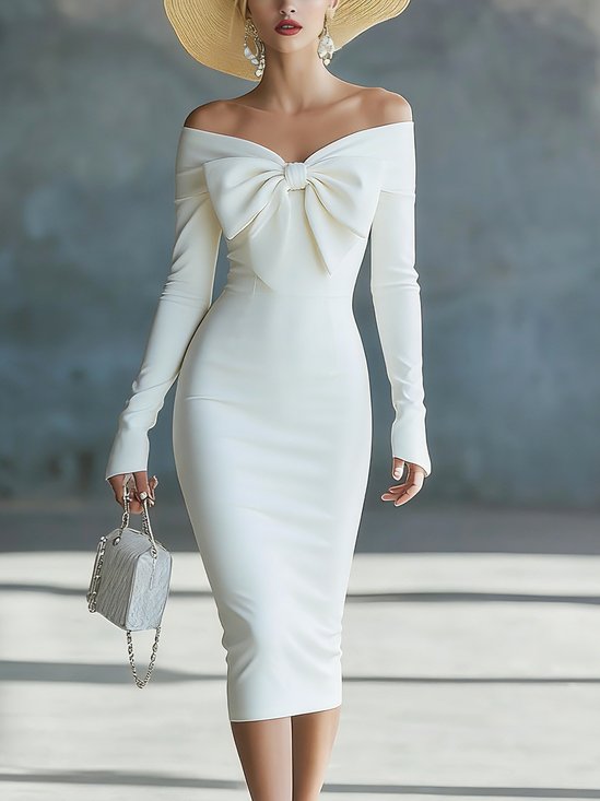 Elegant Plain Bow Cold Shoulder Midi Dress