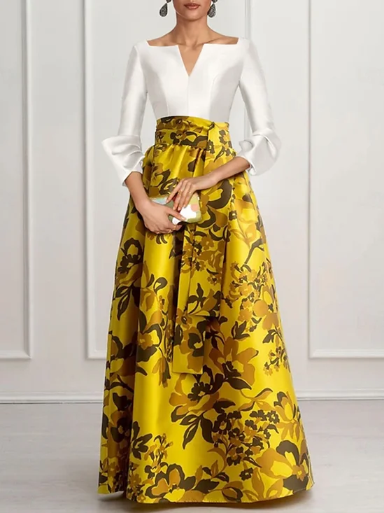 Elegant Floral Printing V Neck Three Quarter Sleeve Maxi Dress