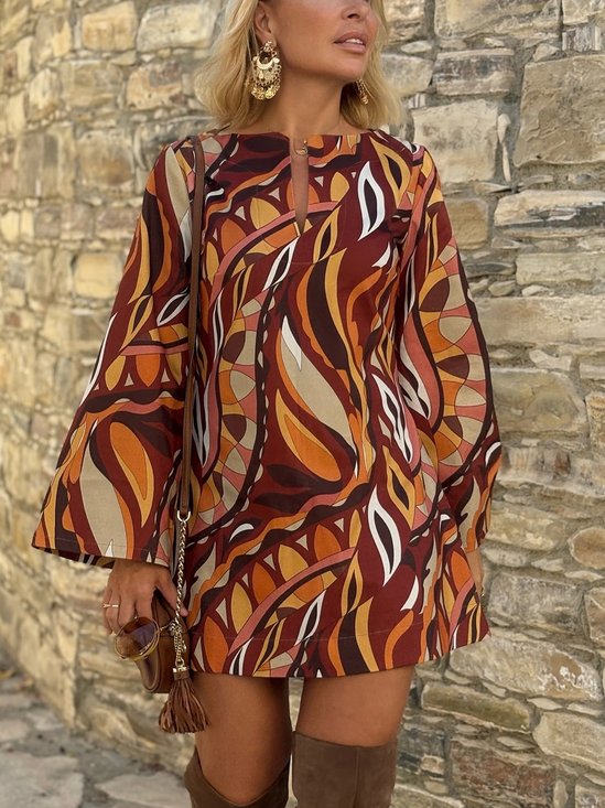 Vacation Random Print Printing Notched Mini Dress