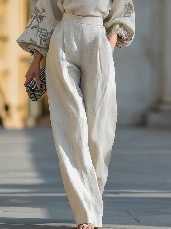 Cotton Casual Plain Wide Leg Pants