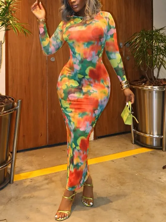 Elegant Random Print Printing Crew Neck Maxi Dress