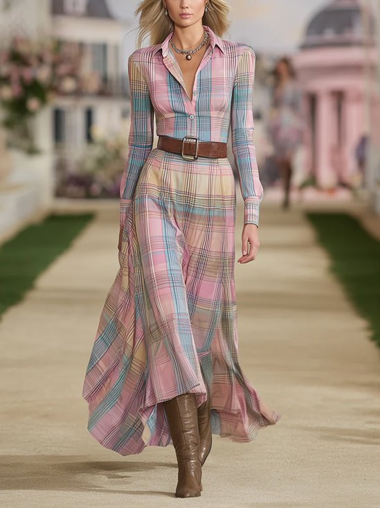 Elegant Plaid Printing Shirt Collar Maxi Dress No Belt