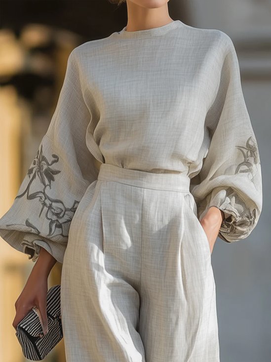 Cotton Casual Botanical Pattern Crew Neck Blouse