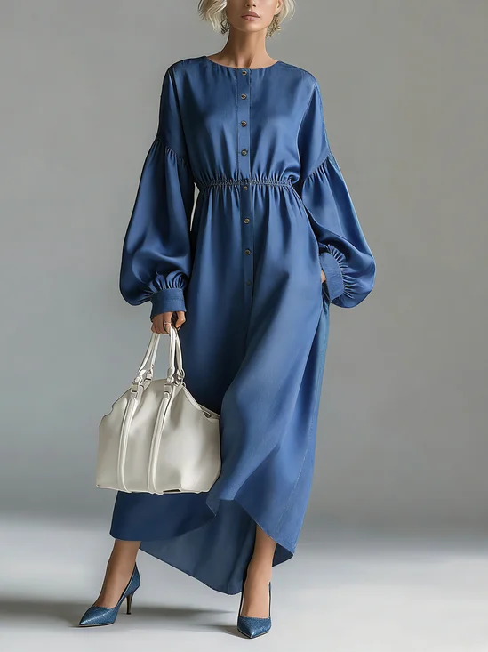 Faux Denim Casual Plain Balloon Sleeve Ruched Crew Neck Maxi Dress