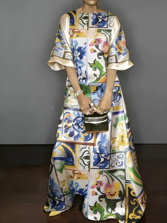 Elegant Floral Crew Neck Maxi Dress