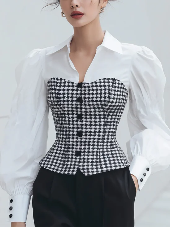 Urban Houndstooth Split Joint Shirt Collar Puff Sleeve Shirt