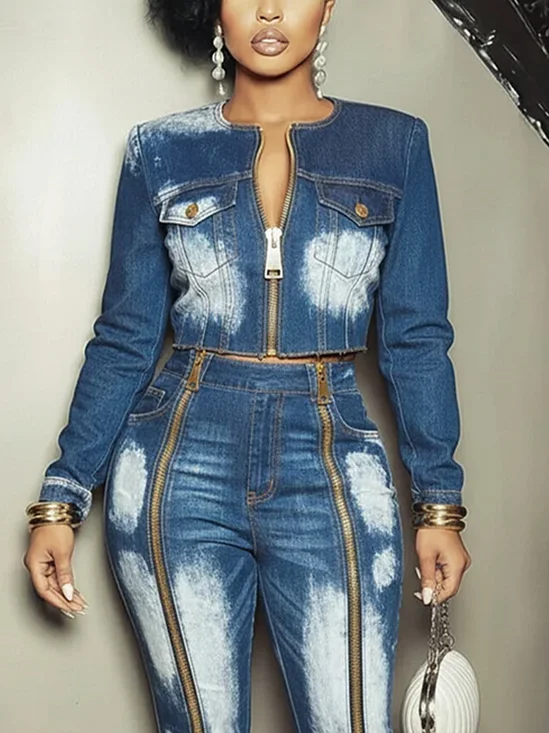 Casual Pockets Plain Crew Neck Denim Jacket