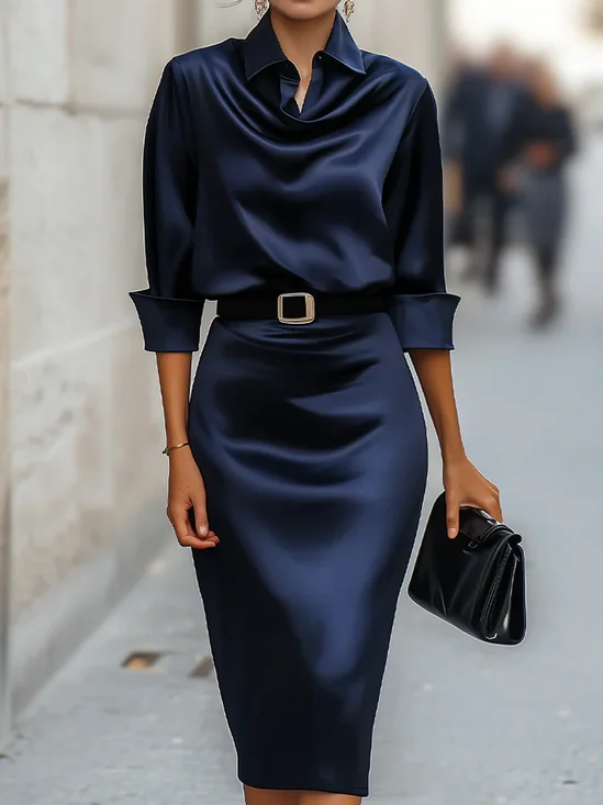 Elegant Plain Shirt Collar Knee Length Dress With Belt