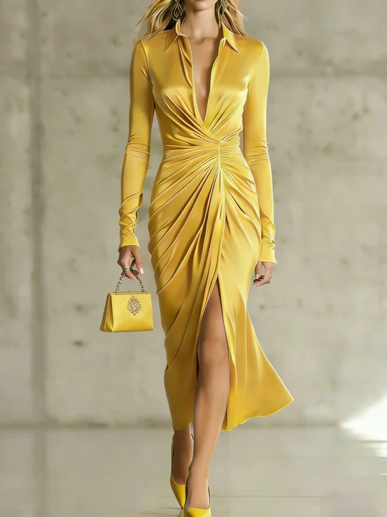 Elegant Plain Shirt Collar Midi Dress