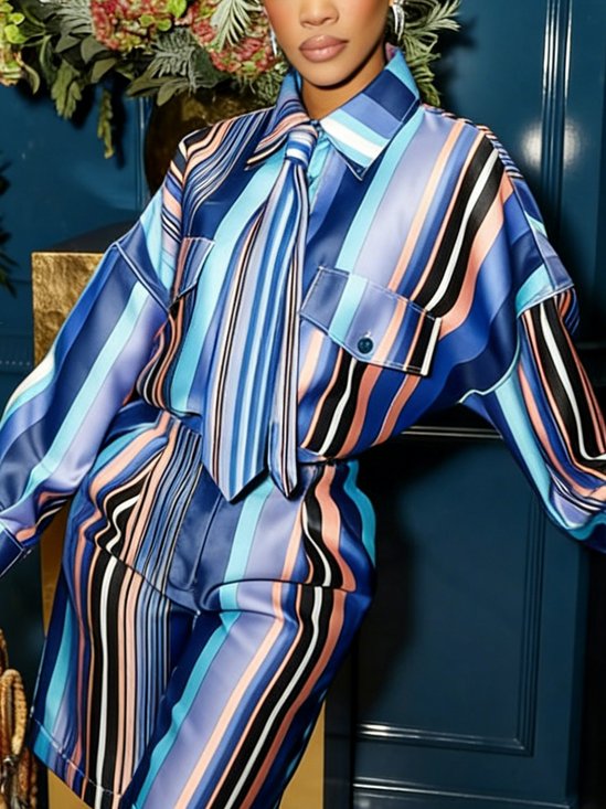 Urban Striped Printing Shirt Collar Shirt With Tie