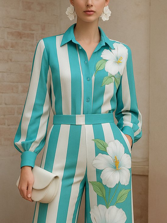 Urban Striped Floral Printing Shirt Collar Shirt