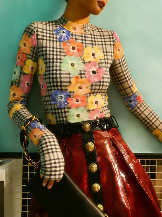 Urban Floral Printing Stand Collar  T-shirt