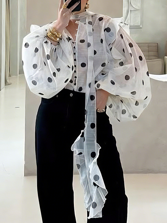 Urban Polka Dots Buttoned Balloon Sleeve Shirt With Scarf