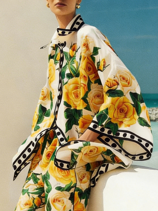 Vacation Floral Buttoned Shirt Collar Shirt