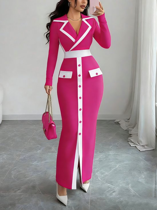 Elegant Color Block Buttoned Maxi Dress